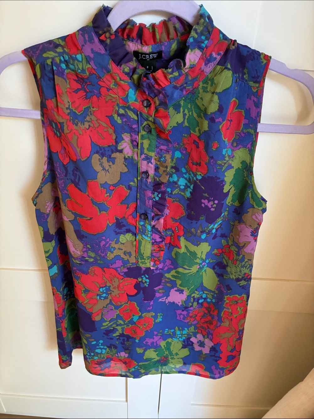 J. Crew Purple Floral Ruffle Henley Camisole
